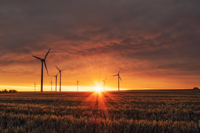 Wind turbines standing in an open field at sunset — suggested image — client to supply the final photograph