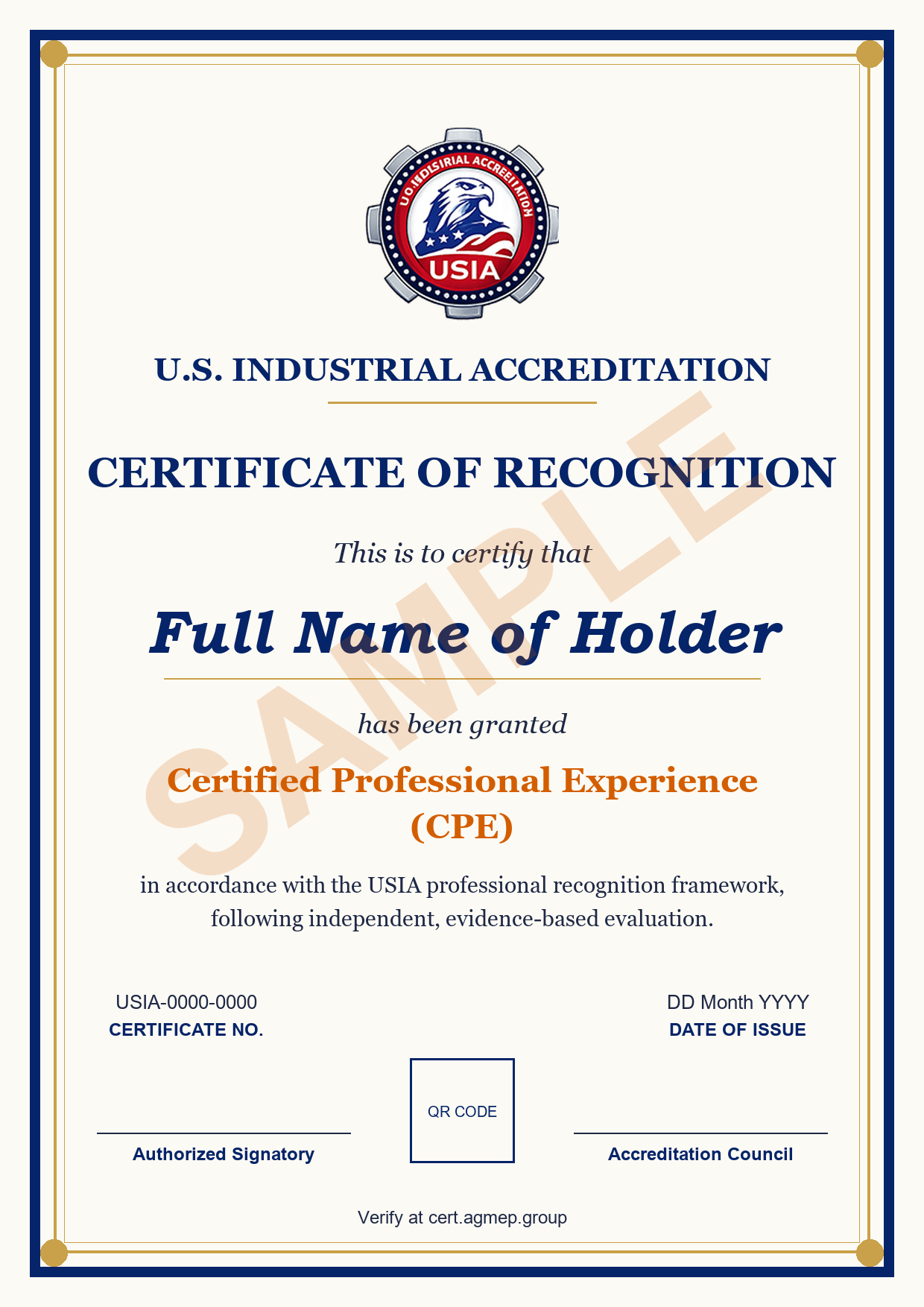 Certificate sample · Certified Professional Experience (CPE)